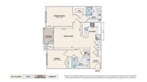 Floor plan for 2 beds, 2 baths, 1110 sqft